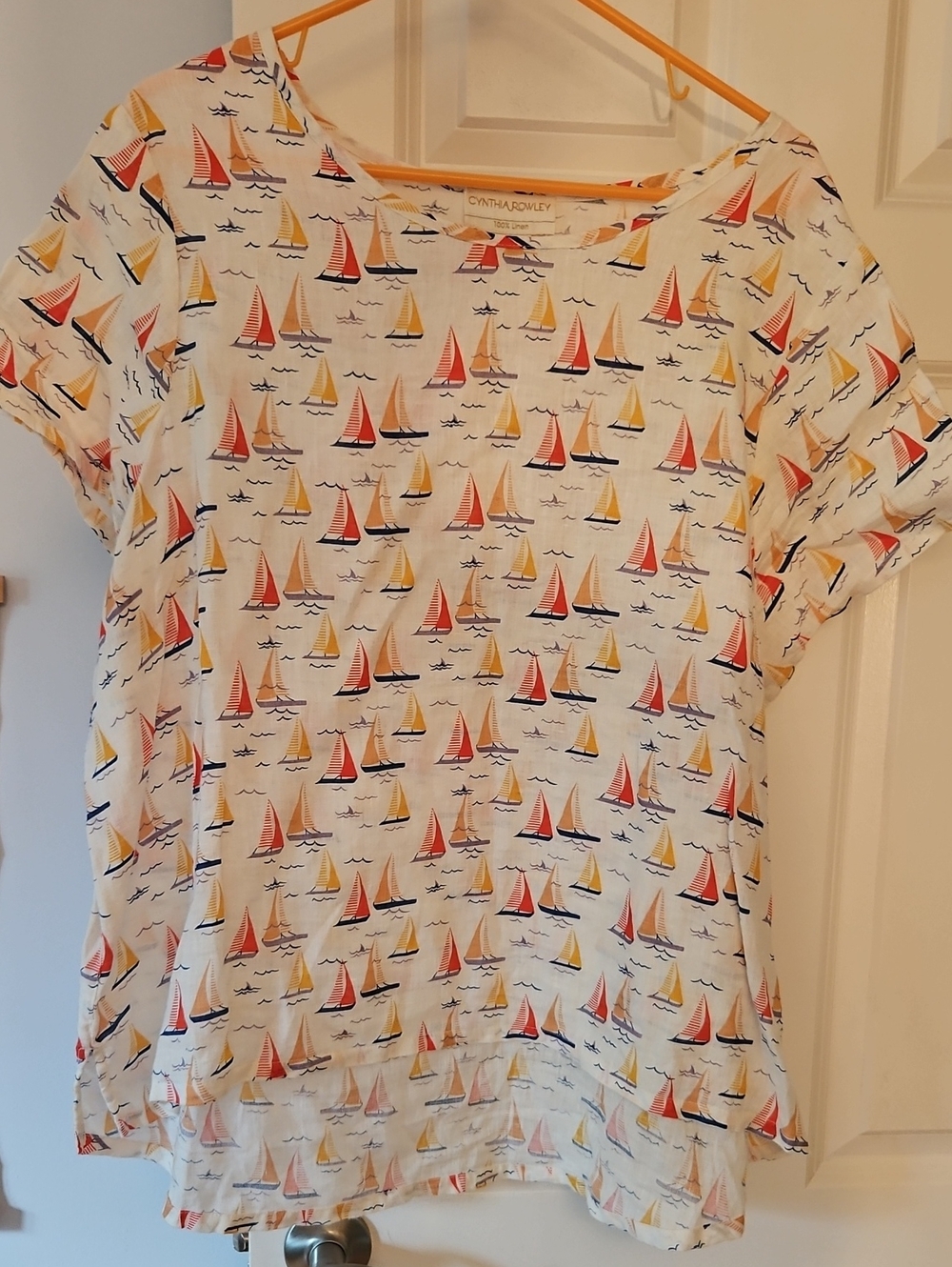 Cynthia Rowley White Tee with Red Yellow and Navy Sailboats